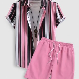 Vertical Stripes Short Sleeve Button Up Shirt And Basic Casual Shorts Set