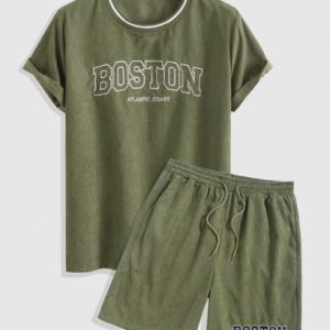 Men's Corduroy BOSTON ATLANTIC COAST Embroidery Blokecore Short Sleeves Pullover Tee And Embroidered Drawstring Shorts Set