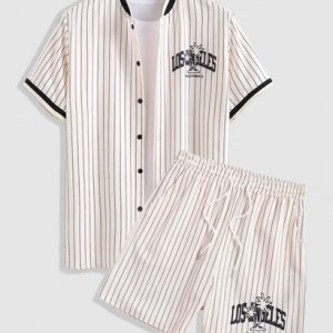 Men's Vertical Stripes LOS ANGELES Letter Coconut Tree Pattern Short Sleeves Button Front Baseball Shirt And Drawstring Board Shorts Vacation Hawaiian Beach Set