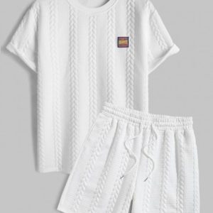 Men's Patched Design Bubble Twisted Striped Jacquard Crew Neck Short Sleeves T-shirt And Drawstring Sports Casual Shorts Set