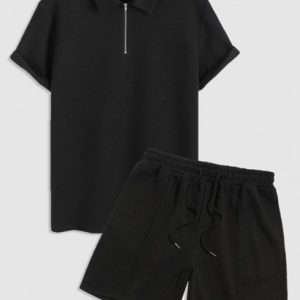 Geometric Jacquard Textured Polo Collar T-shirt And Shorts Sports Set