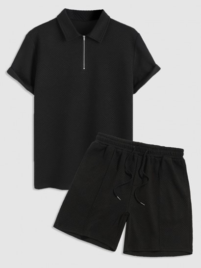 Geometric Jacquard Textured Polo Collar T-shirt And Shorts Sports Set