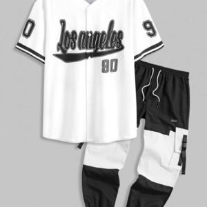 Los Angeles Short Sleeves Baseball Shirt And Colorblock Beam Feet Cargo Pants Set