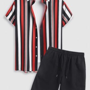 Men's Casaul Colorblock Vertical Striped Pattern Button Front Short Sleeves Beach Shirt And Basic Casual Shorts Set