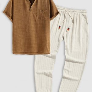 Men's Casual Plain Color Front Pocket Notch Neck Short Sleeves Pullover Shirt And Beading Drawstring Vertical Striped Vacation Ramie Pants Set