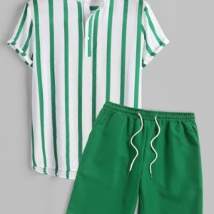 Men's Vertical Striped Button Placket Stand Collar Popover Shirt And Solid Color Basic Casual Drawstring Shorts Set