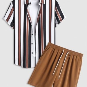 Men's Daily Casual Mix And Match Two Piece Set Vertical Stripes Button Up Short Sleeve Shirt With Drawstring Bermuda Shorts Set