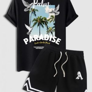 Men's Coconut Tree Letter Peace Doves Pattern Summer Vacation Short Sleeves Crew Neck T-shirt And Letter Striped Pattern Sport Sweat Shorts Set