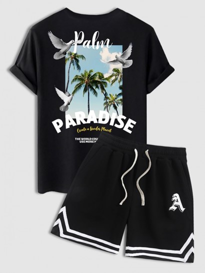 Men's Coconut Tree Letter Peace Doves Pattern Summer Vacation Short Sleeves Crew Neck T-shirt And Letter Striped Pattern Sport Sweat Shorts Set