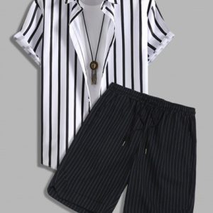 Striped Short Sleeves Shirt And Drawstring Shorts Set