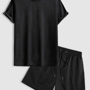 Men's Solid Color Jacquard Towel Cloth Short Sleeves T-shirt And Casual Label Design Drawstring Shorts Set