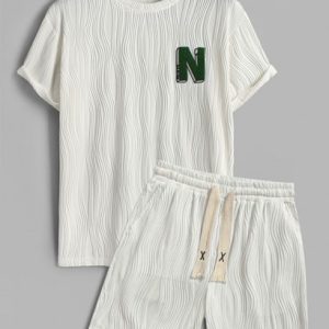Men's Wave Jacquard Textured Fluffy Letter Applique Short Sleeves T Shirt And Knitted Sports Casual Drawstring Shorts Set