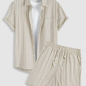 Striped Pattern Short Sleeves Casual Shirt And Drawstring Shorts Set