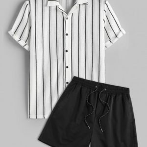 Men's Button Up Camp Collar Contrast Vertical Stripes Jacquard Semi-sheer Knit Shirt And Label Design Solid Color Drawstring Shorts Casual Set