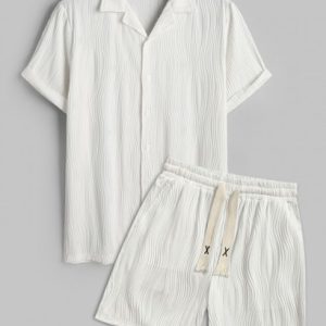 Men's Solid Color Water Ripple Jacquard Button Front Short Sleeves Shirt And Textured Knitted Sports Casual Shorts Set