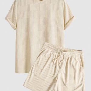 Jacquard Terry Cloth Textured Short Sleeves T Shirt With Shorts Two Piece Set
