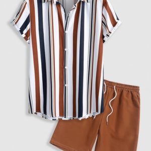 Vertical Mixed Stripes Button Up Shirt And Basic Casual Shorts Set
