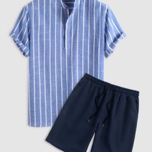 Men's Half Buttoned Casual Vertical Striped Office Pullover Shirt And Basic Casual Shorts Set