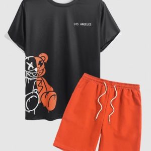 Men's Casual Two Piece Set LOS ANGELES Letter Cartoon Bear Graphic Pattern Short Sleeves Round Neck T-shirt With Solid Color Basic Shorts Set