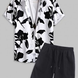 Men's Summer Beach Monochrome Floral Print Button Up Short Sleeve Shirt And Solid Color Basic Casual Bermuda Shorts Vacation Set