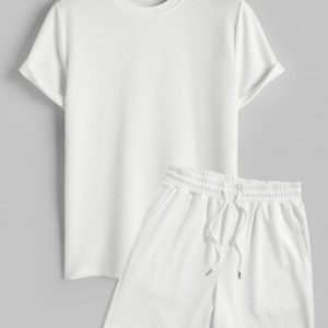 Solid Color Bubble Jacquard Textured Short Sleeves T-shirt And Shorts Set