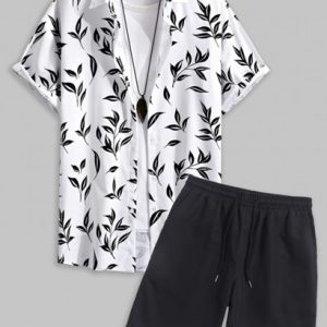 Men's Beach Monochrome Leaf Print Button Up Short Sleeve Shirt And Solid Color Basic Casual Bermuda Shorts Vacation Set