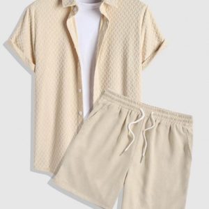 Men's Geometric Jacquard Terry Cloth Short Sleeves Casual Summer Shirt And Drawstring Pocket Plain Corduroy Textured Shorts Set