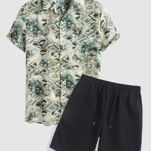 Men's Mix And Match Two Piece Set Geometric Snake Printed Short Sleeves Shirt With Solid Color Basic Casual Shorts Set