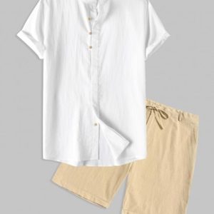 Men's Stand Collar Solid Color Buttons Short Sleeves High Low Casual Shirt And Cotton And Linen Textured Cuffed Shorts Set
