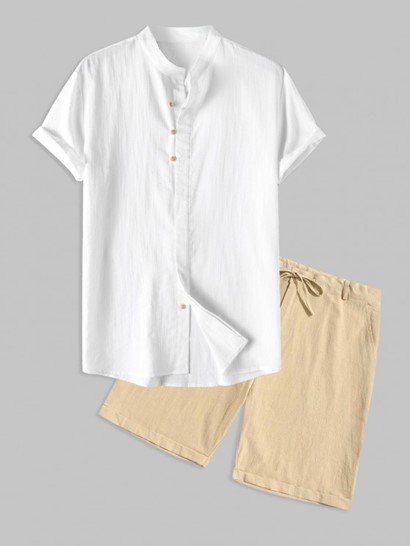 Men's Stand Collar Solid Color Buttons Short Sleeves High Low Casual Shirt And Cotton And Linen Textured Cuffed Shorts Set