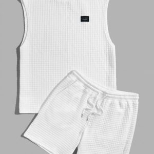 Solid Color Textured Tank Top And Shorts Sports Set