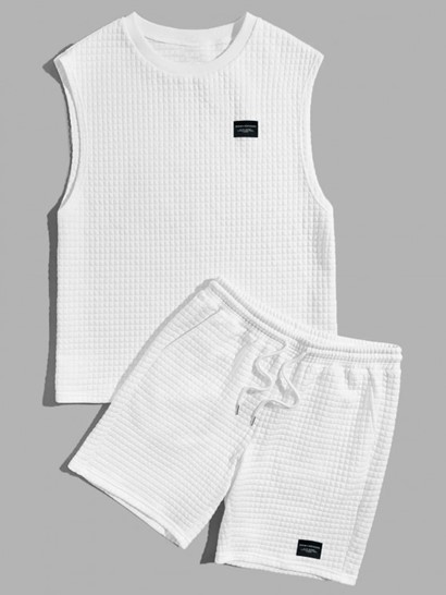 Solid Color Textured Tank Top And Shorts Sports Set