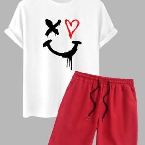 Men's Short Sleeves Cotton Heart Drippy Smile Face T Shirt And Solid Color Basic Casual Bermuda Shorts Set