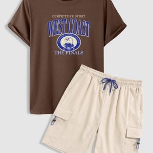 Men's Casual Streetwear Letter WEST COAST Eagle Badge Graphic Printed Short Sleeves T-shirt And Multi-pocket Design Cotton And Linen Textured Cargo Shorts Set