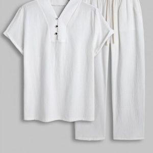 Men's Matching Two Piece Casual Lounge Textured Button Loop V Neck Short Sleeves Popover Top And Drawstring Straight Pants Set