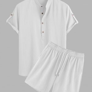 Half Button Roll Up Sleeves Popover Shirt With Drawstring Shorts Two Piece Set