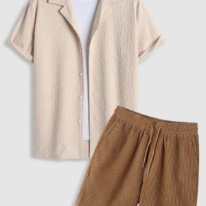 Men's Mix And Match Two Piece Set Rose Jacquard Terry Cloth Textured Button Front Short Sleeves Shirt With Solid Color Corduroy Drawstring Shorts Set