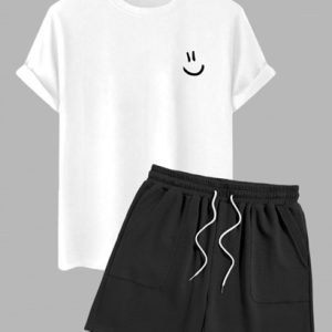 Men's Cartoon Smile Face Printed Basic Short Sleeve Crew Neck 100% Cotton Summer T-shirt And Drawstring Sweat Shorts Sports Set