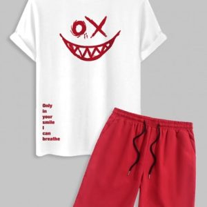 Men's Casual Streetwear Letter Slogan Smile Face Graphic Printed Short Sleeves T-shirt And Solid Color Basic Drawstring Bermuda Shorts Set
