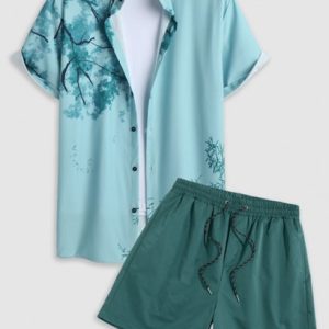 Men's Chinese Ink Wash Painting Plant Pattern Button Front Short Sleeves Shirt And Label Design Solid Color Drawstring Shorts Set