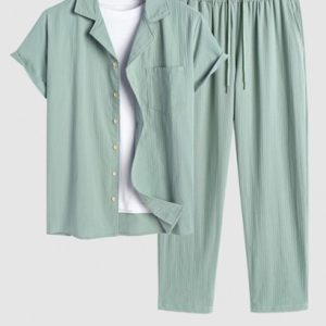 Men's Plain Color Jacquard Weave Cotton And Linen Textured Front Pocket Short Sleeves Shirt And Drawstring Pants Set