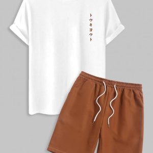 Men's Casual Minimalist Style Japanese Graphic Printed Short Sleeves T-shirt With Solid Color Basic Shorts Set