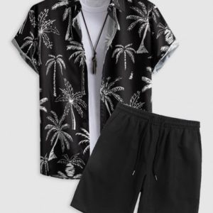 Men's Short Sleeves Palm Tropical Print Beach Vacation Shirt And Solid Color Basic Casual Bermuda Shorts Set