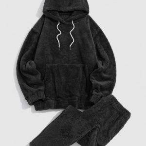 Solid Front Pocket Fluffy Fleece Hoodie And Pants Two Piece Set