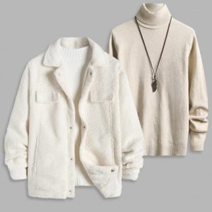 Fluffy Polar Fleece Solid Color Button Fly Jacket With UNISEX Turtleneck Essentials Sweater Set