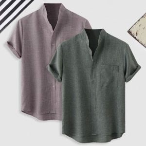 2Pcs Solid Color Stand Collar Short Sleeves Shirt Set