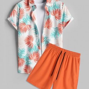 Tropical Leaves Pattern Short Sleeves Shirt And Solid Color Board Shorts Hawaiian Set