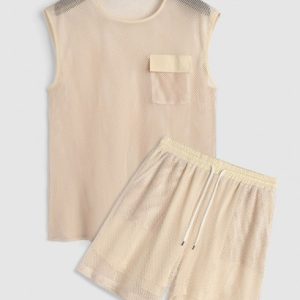 Sexy Sheer Openwork Mesh Two Piece Set Flap Pocket Tank Top With Lined Drawstring Shorts