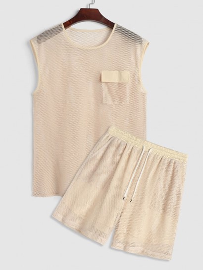 Sexy Sheer Openwork Mesh Two Piece Set Flap Pocket Tank Top With Lined Drawstring Shorts