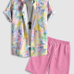 Splash Tie Dye Short Sleeves Vacation Shirt And Solid Color Basic Casual Shorts Set